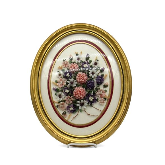 GEMSTONE BOUQUET Artwork Gold Oval Convex Frame 3D Floral 16 Inches Vintage - Picture 1 of 12